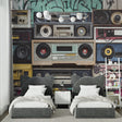 Retro boombox wallpaper in modern living room showing vintage stereo equipment against graffiti background