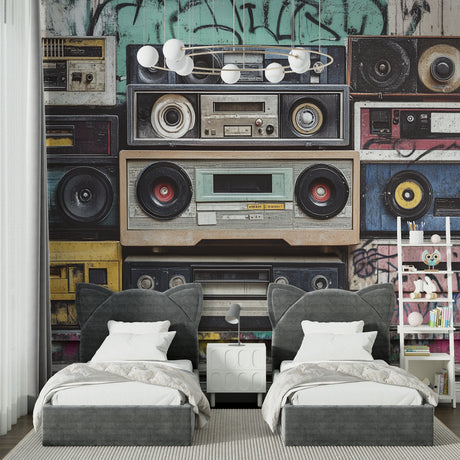 Retro boombox wallpaper in modern living room showing vintage stereo equipment against graffiti background
