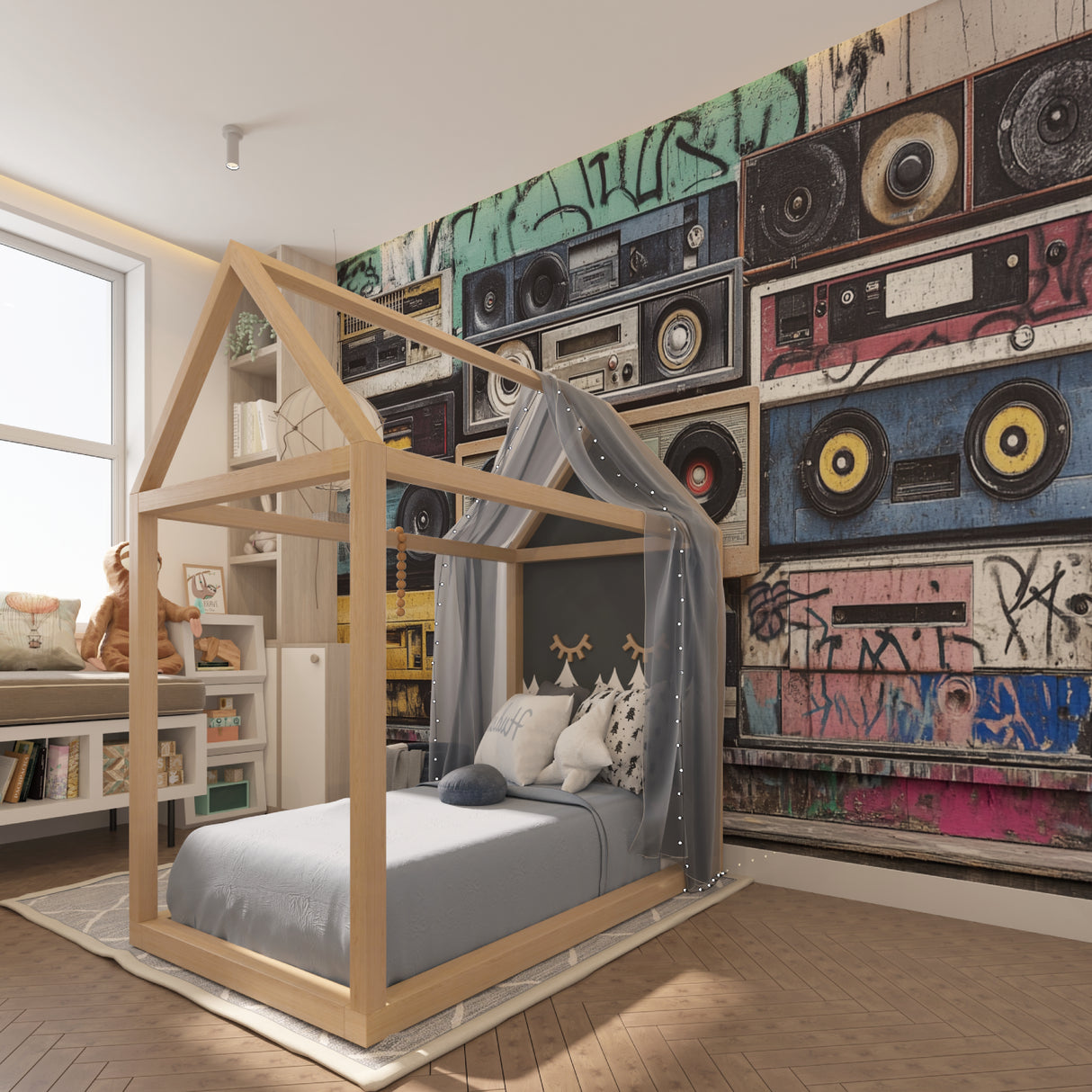 Music studio featuring vintage boombox wall mural with urban street art elements