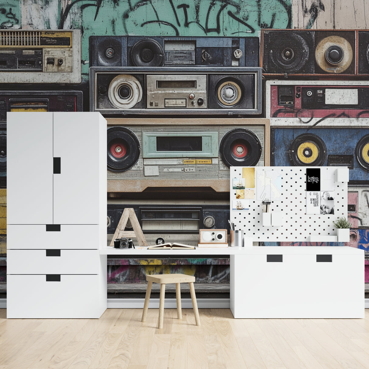Teen bedroom decorated with retro music wallpaper showing classic boomboxes