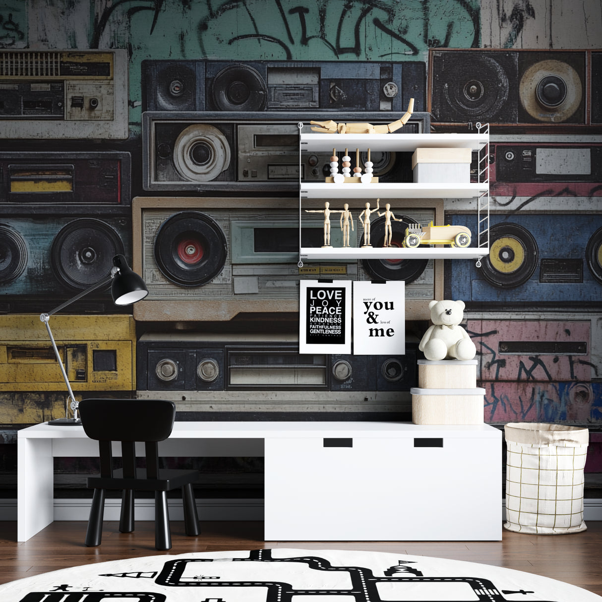 Urban café space with hip-hop inspired boombox wall design