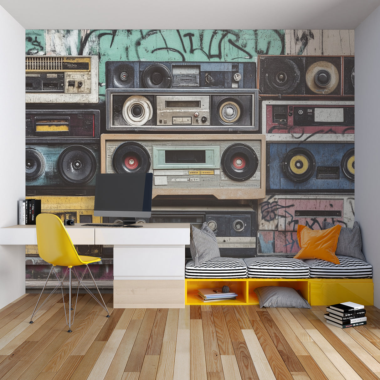 Record store display with vintage music equipment wallpaper installation