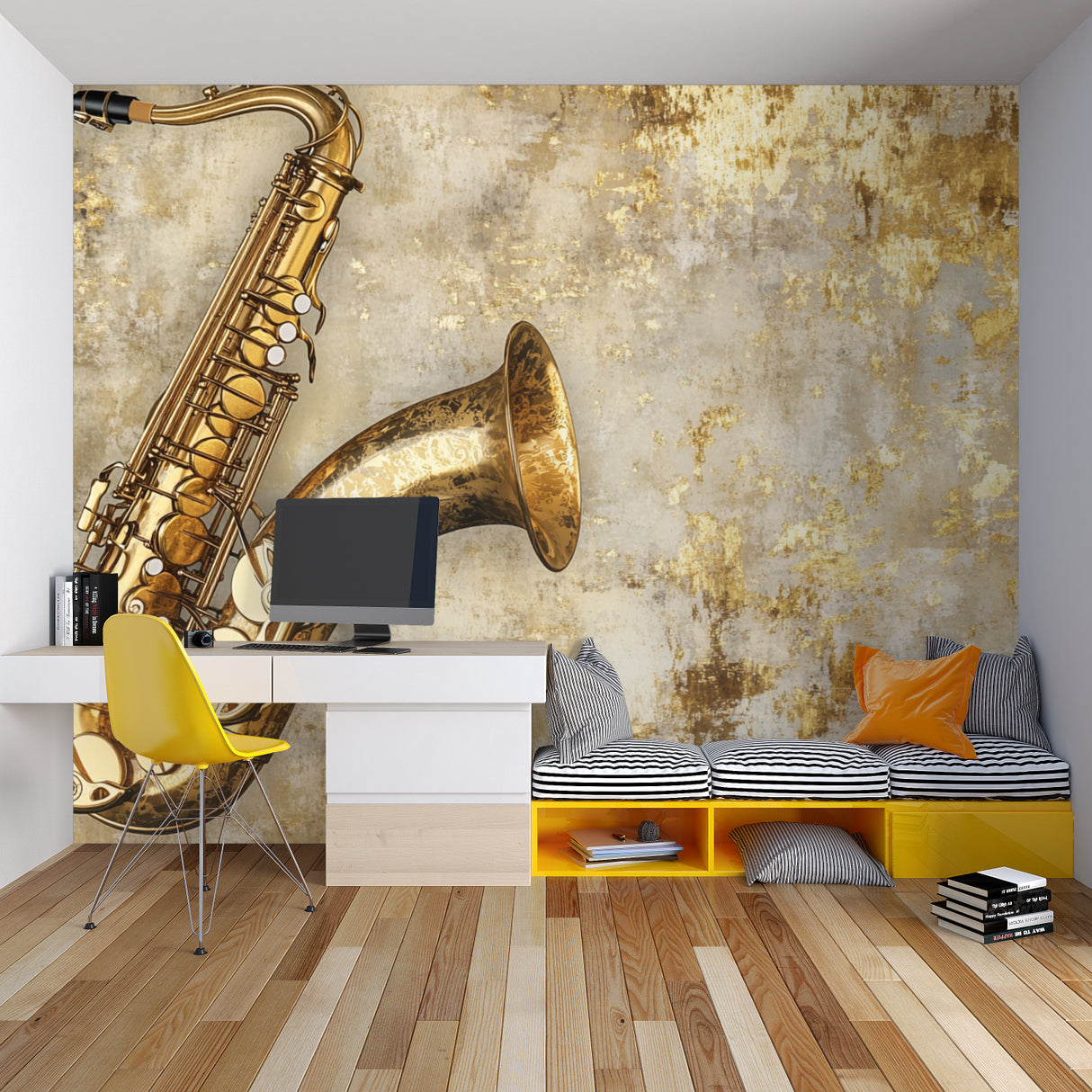 Vintage Saxophone Music Wallpaper in modern living room creating warm jazz atmosphere