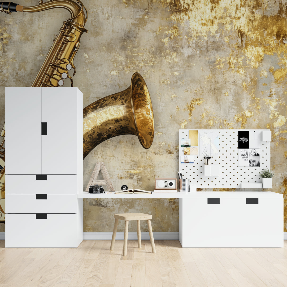 Gold Music Wallpaper featured in stylish home office space