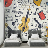 Musical instrument wallpaper in modern living room showing vintage violins and notes pattern