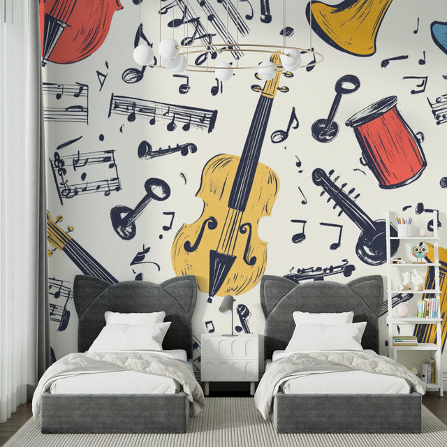 Musical instrument wallpaper in modern living room showing vintage violins and notes pattern