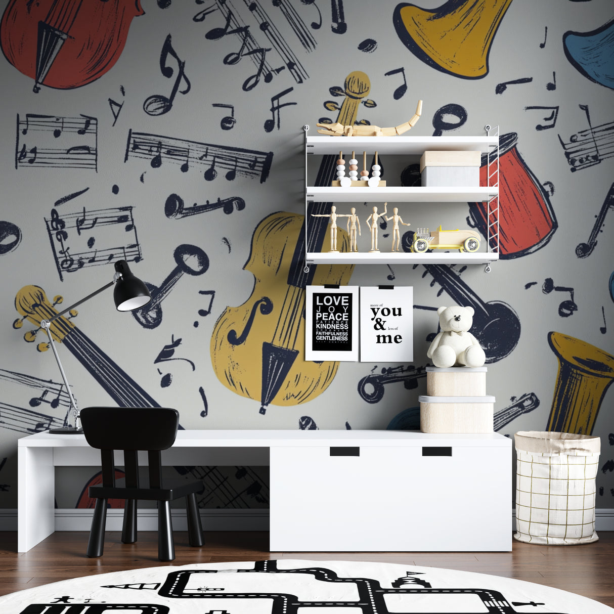 Music theme wall mural featured in teenage bedroom with instruments design