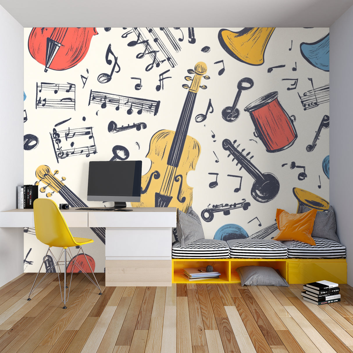 Vintage music wallpaper showcased in home studio with golden instruments