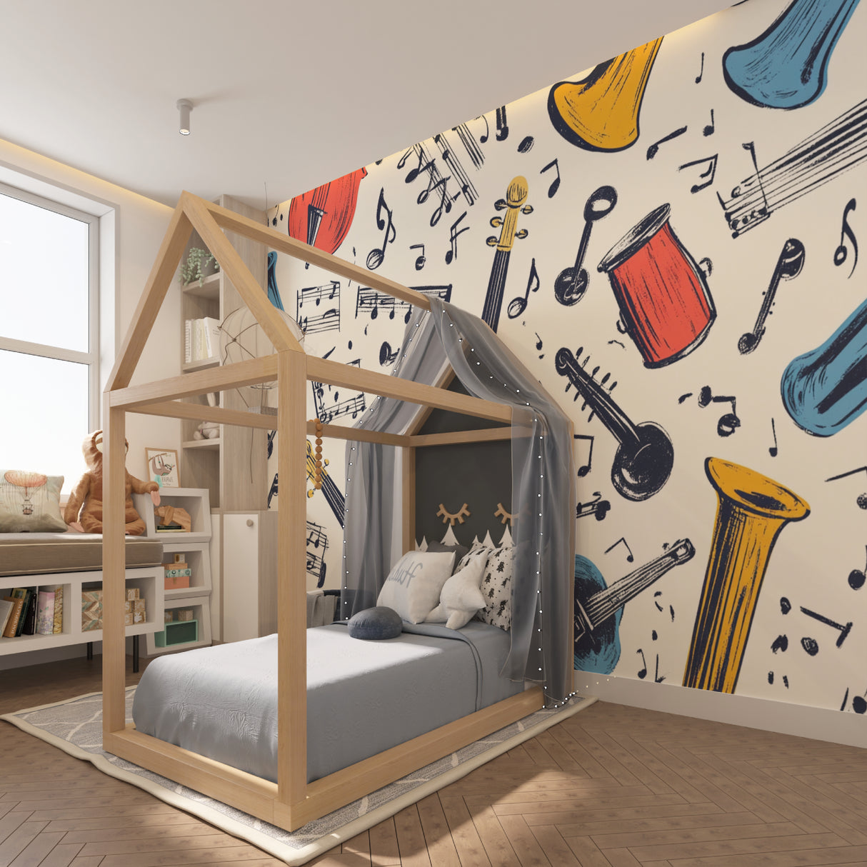 Musical notes wall mural displayed in modern dining room setting