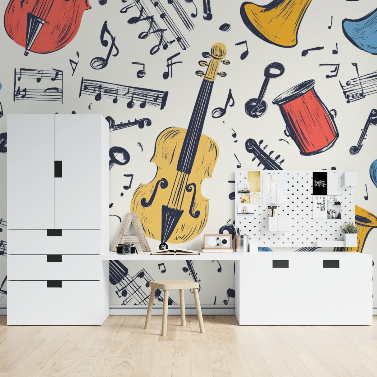Music themed wallpaper bringing life to contemporary office space