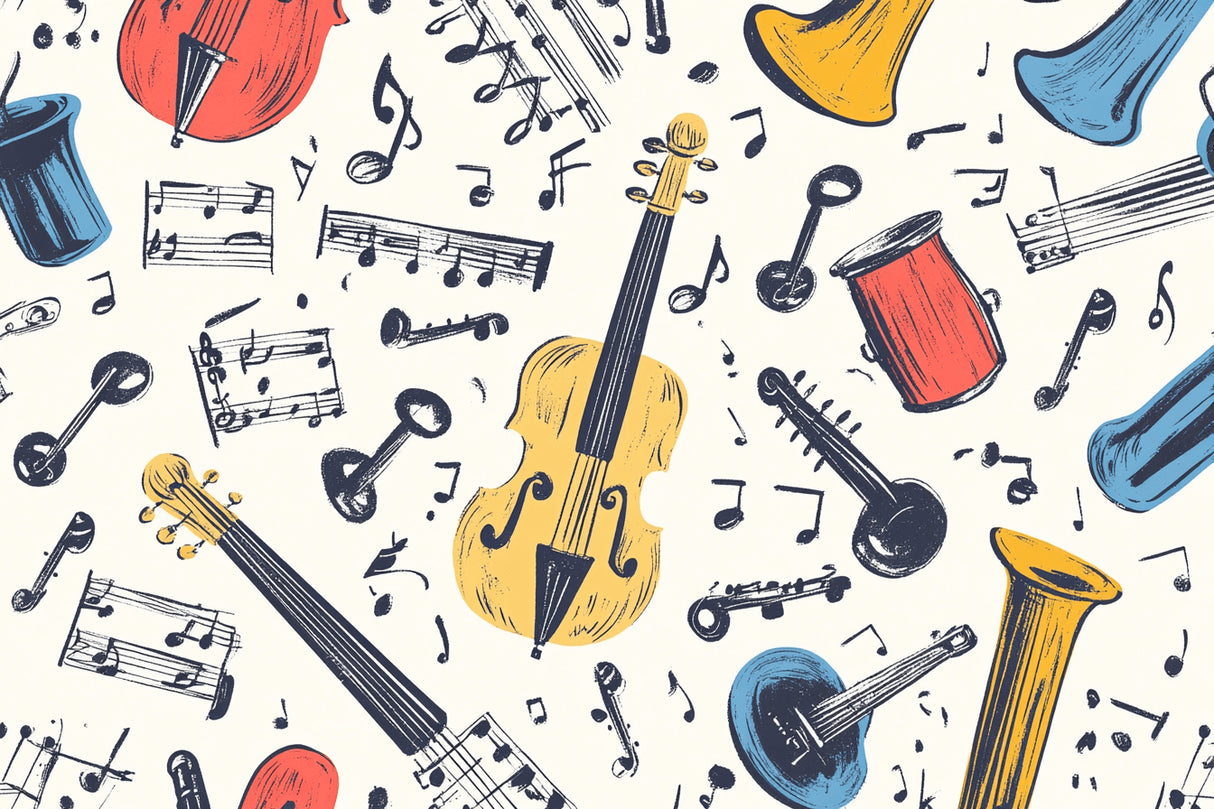 Design file showing detailed vintage musical instruments and notes pattern on gray background