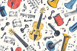 Design file showing detailed vintage musical instruments and notes pattern on gray background