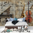 Music wallpaper with vintage instruments bringing sophistication to a modern living room setting