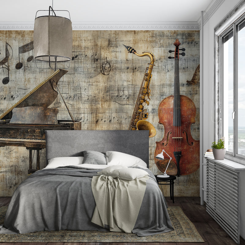 Musical instrument wall mural creating ambiance in a cozy music studio space