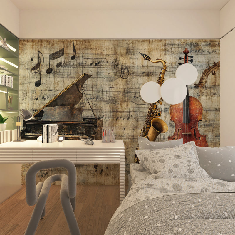 Vintage music themed wallpaper transforming a contemporary dining room