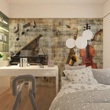 Vintage music themed wallpaper transforming a contemporary dining room