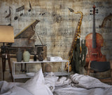 Music note wallpaper enhancing an elegant home office setting