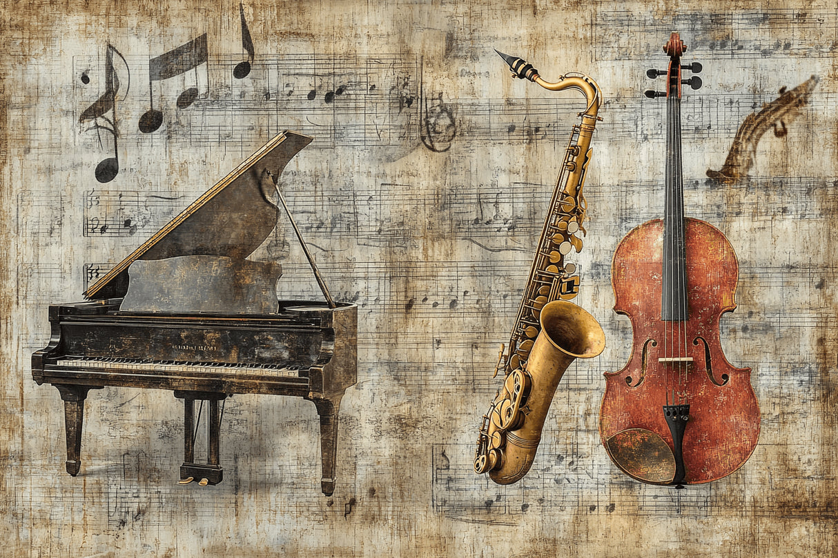 Design file showing detailed vintage piano, saxophone and cello pattern on aged musical score background
