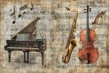 Design file showing detailed vintage piano, saxophone and cello pattern on aged musical score background
