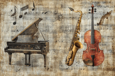 Design file showing detailed vintage piano, saxophone and cello pattern on aged musical score background