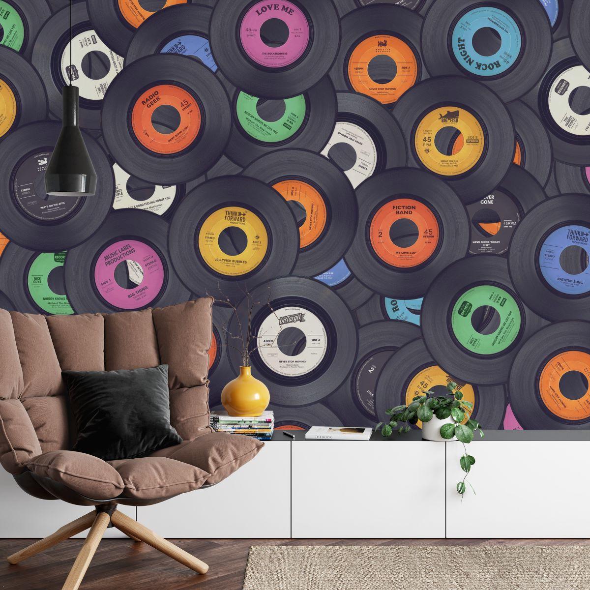 Retro record shop atmosphere with vinyl wallpaper design in a cozy home listening room