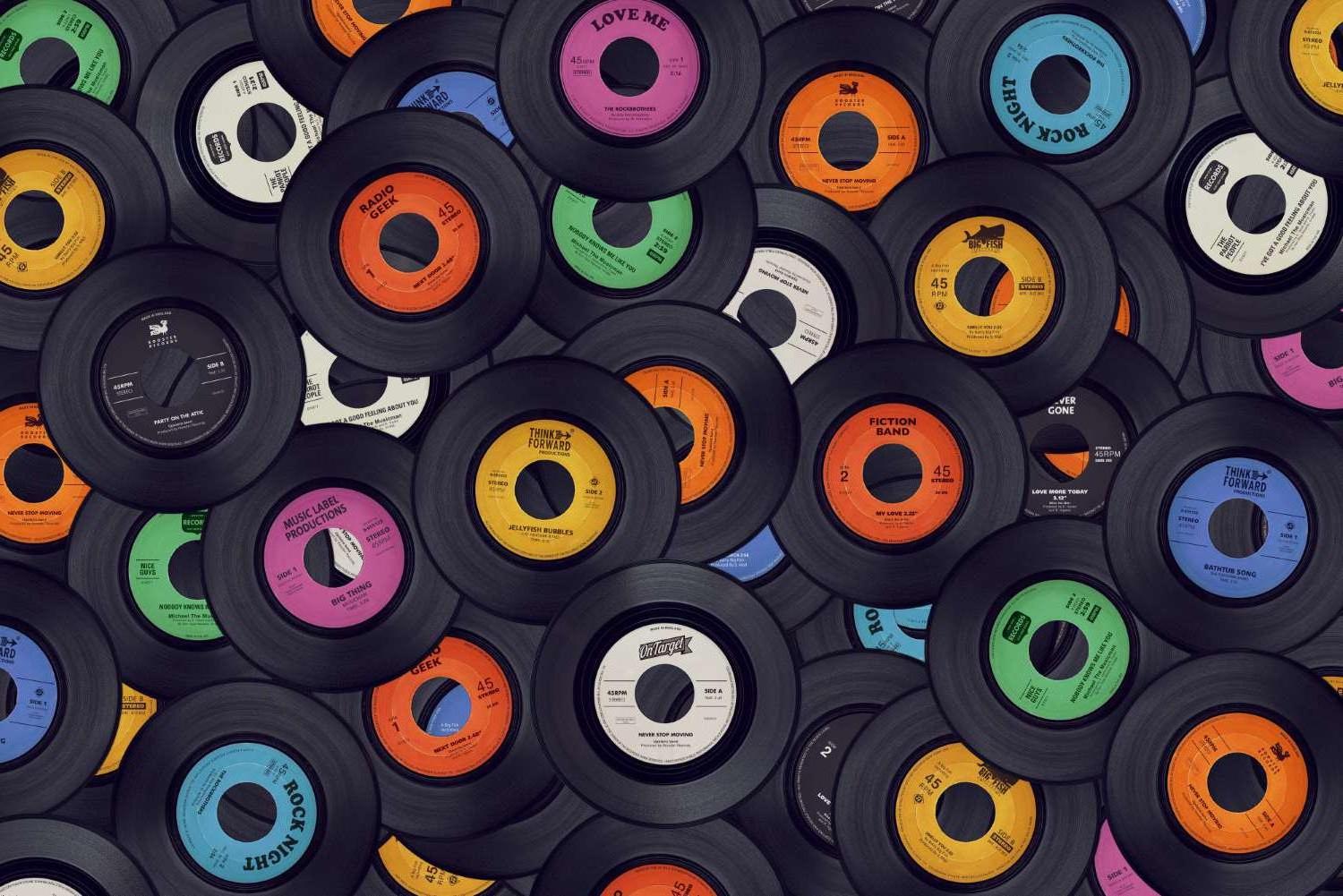 Vintage vinyl records collection wallpaper design file showing detailed record labels and textures