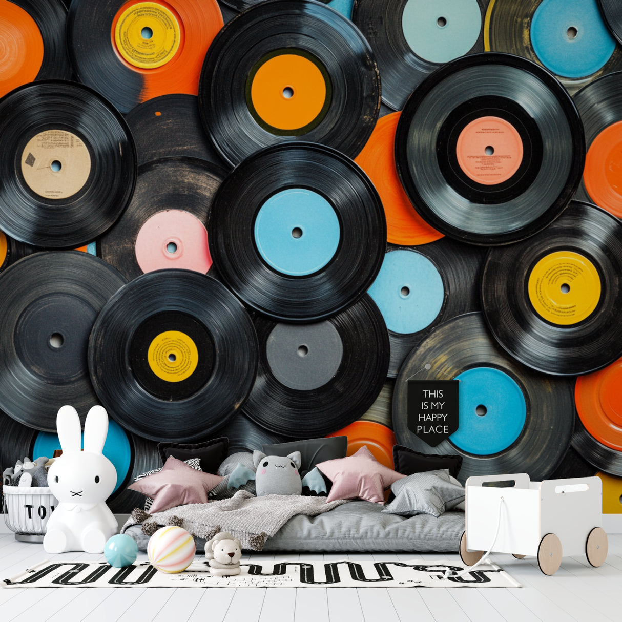 Vinyl record wallpaper creating a bold statement in modern living room with turntable and leather sofa