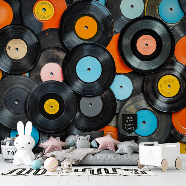 Vinyl record wallpaper creating a bold statement in modern living room with turntable and leather sofa