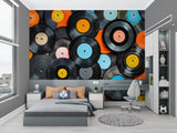 Music room featuring vintage record wallpaper with guitars and recording equipment