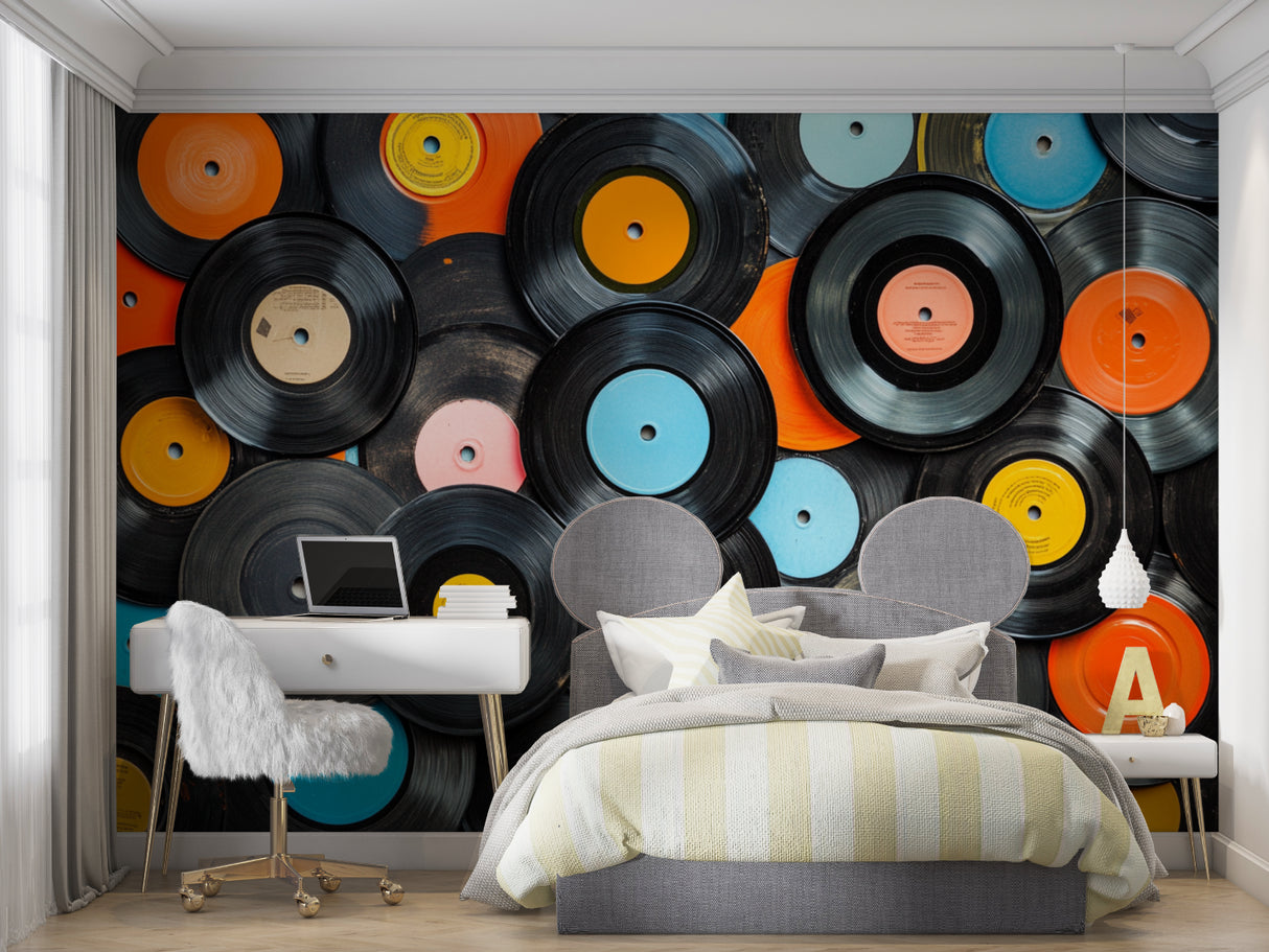 Teen bedroom with record collection wallpaper and retro music posters