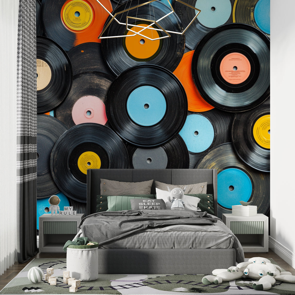 Home studio space with vinyl record wall mural and modern furniture