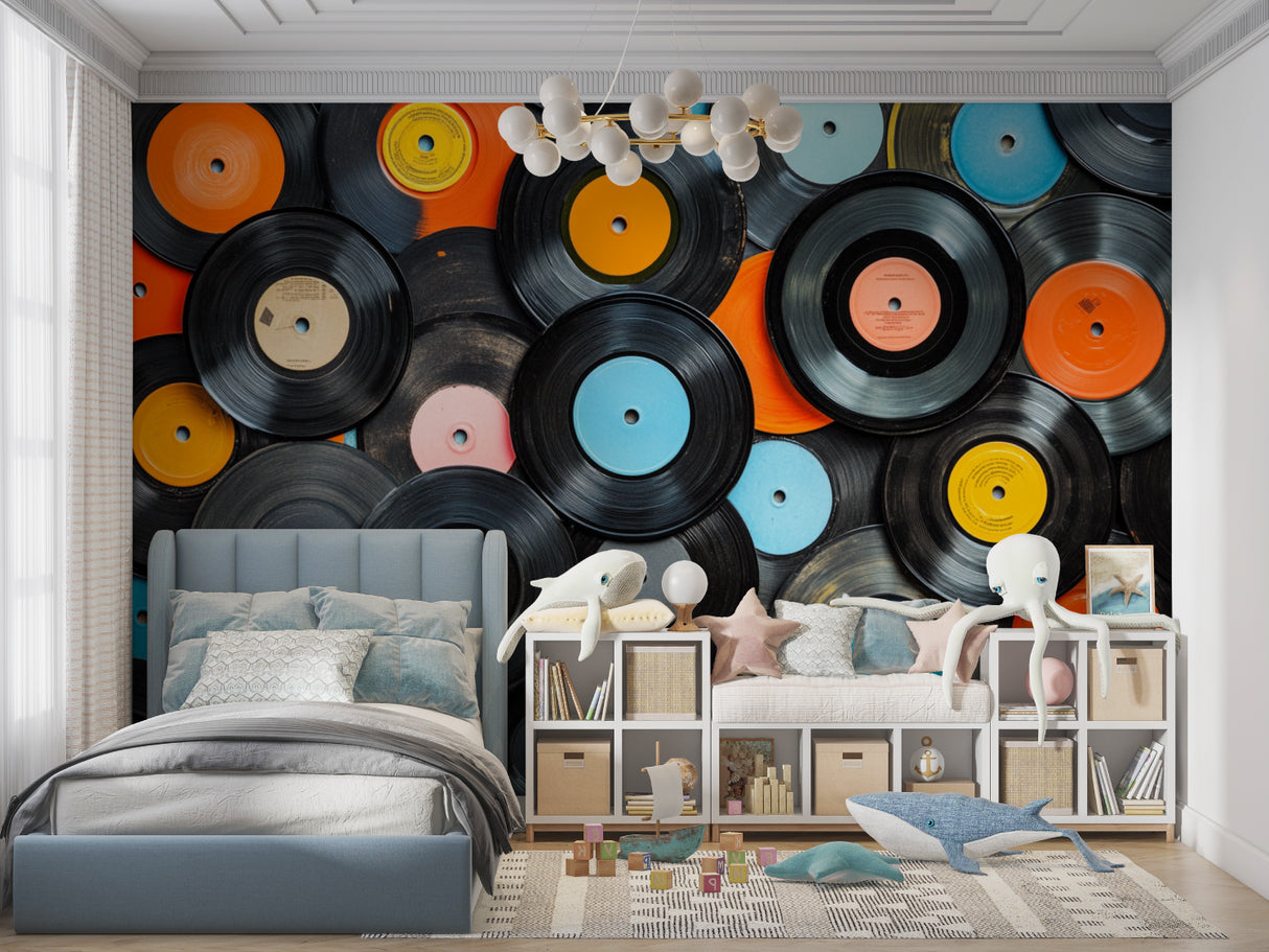 Record store inspired home office with vintage vinyl wallpaper design