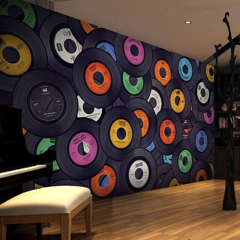 Music themed wallpaper with vintage records displayed in cozy home studio setup