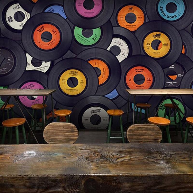 Retro vinyl record wall mural bringing personality to trendy coffee shop interior