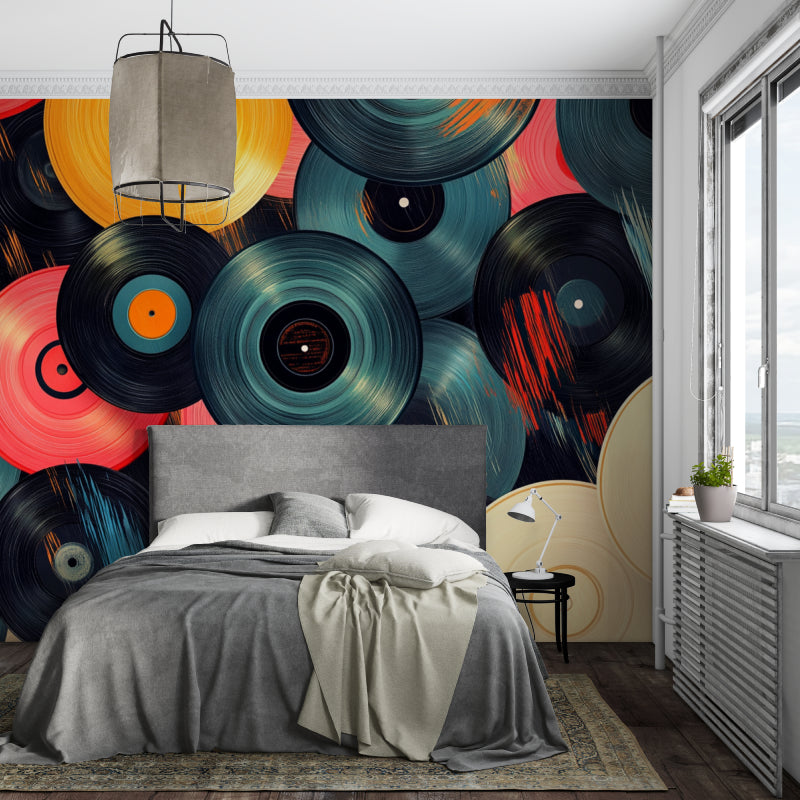 Vinyl record wallpaper creating a bold statement wall in modern living room with mid-century furniture