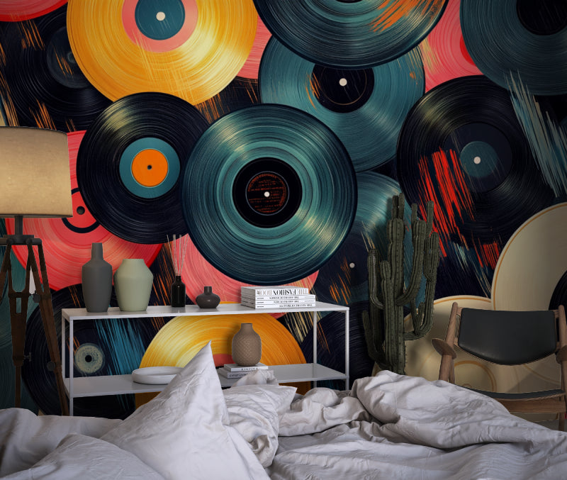 Music themed wall mural showcased in home recording studio with instruments