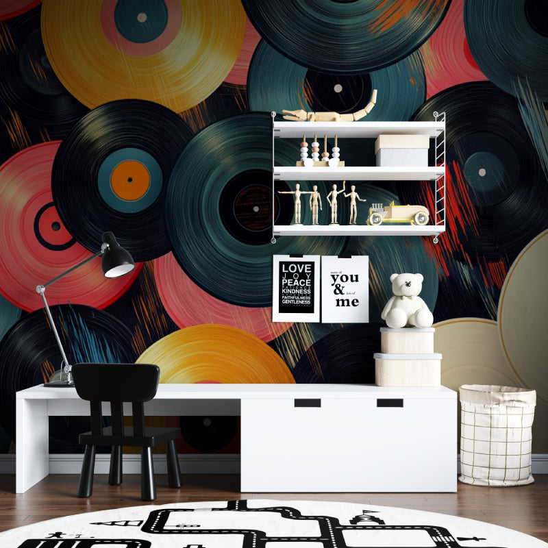 Retro vinyl record wallpaper in cozy listening room with turntable setup