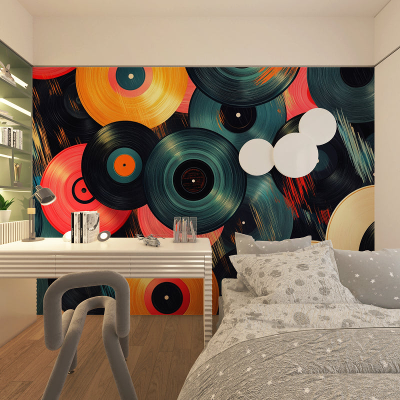 Vintage record wallpaper bringing personality to teen bedroom with music theme