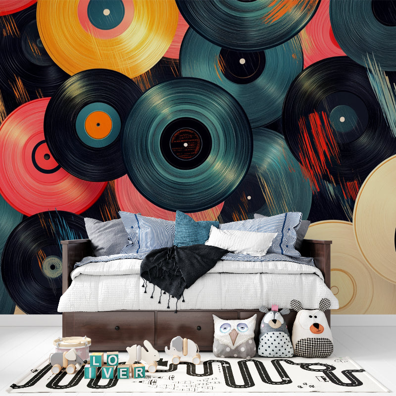 Music wall mural creating atmosphere in trendy cafe interior