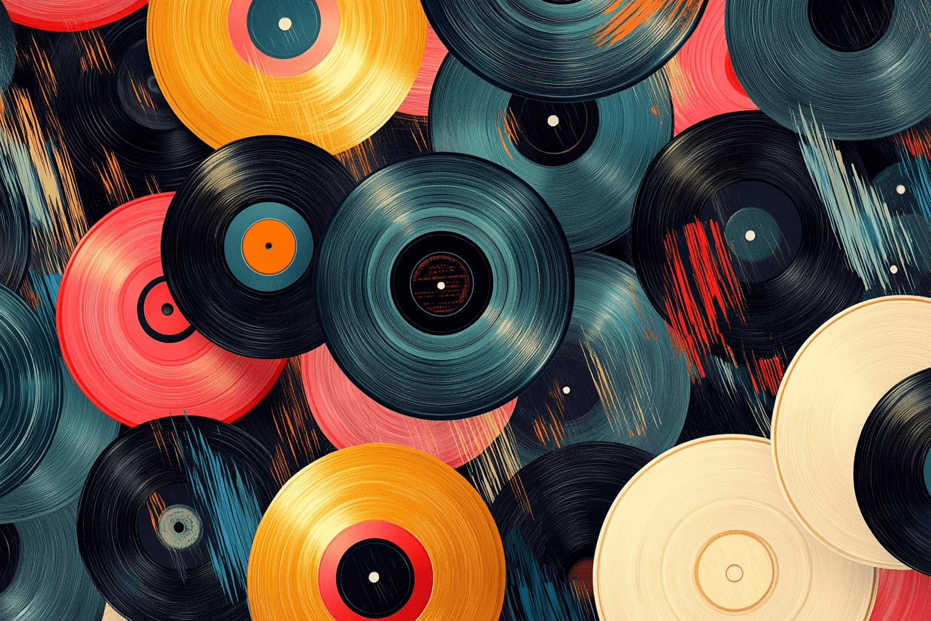 Design file showing detailed vintage vinyl record pattern with rich teal and coral tones