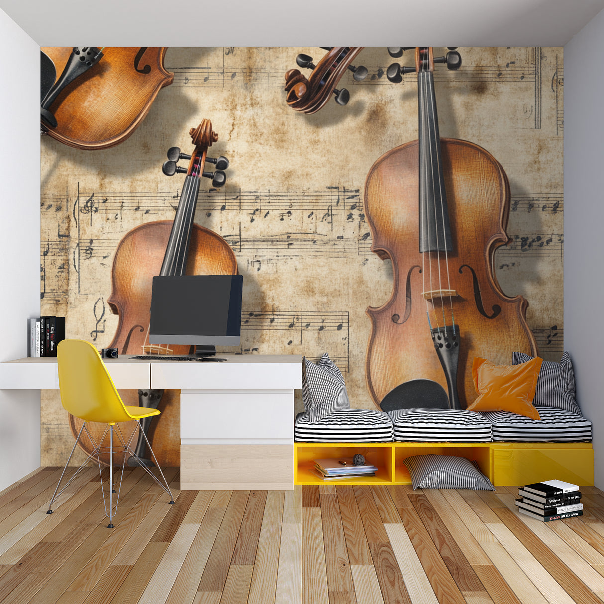 Classical music wallpaper in elegant music room showing vintage violin design against warm lighting