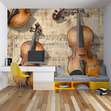 Classical music wallpaper in elegant music room showing vintage violin design against warm lighting