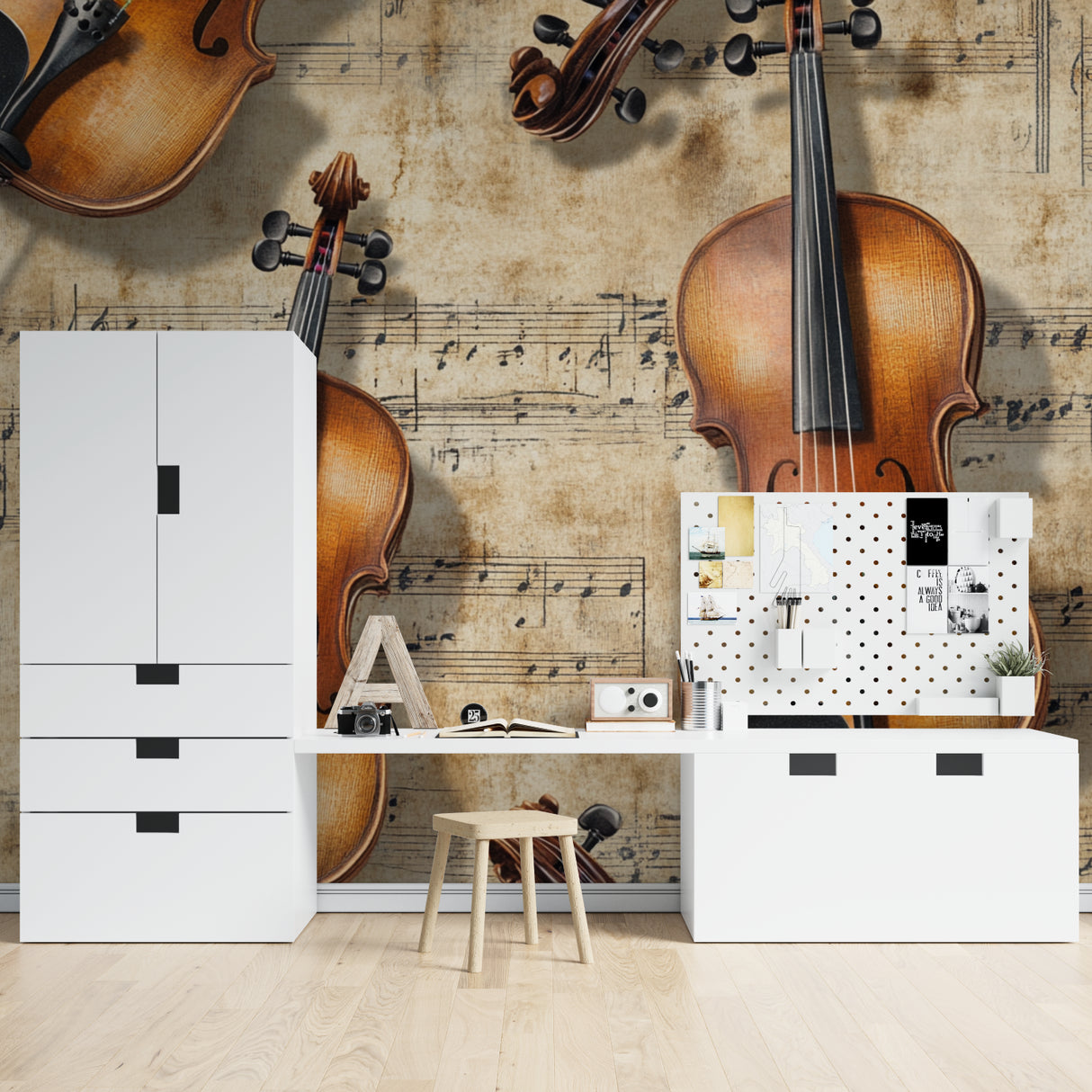 Vintage violin wallpaper creating atmosphere in modern living room setting