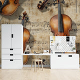 Vintage violin wallpaper creating atmosphere in modern living room setting
