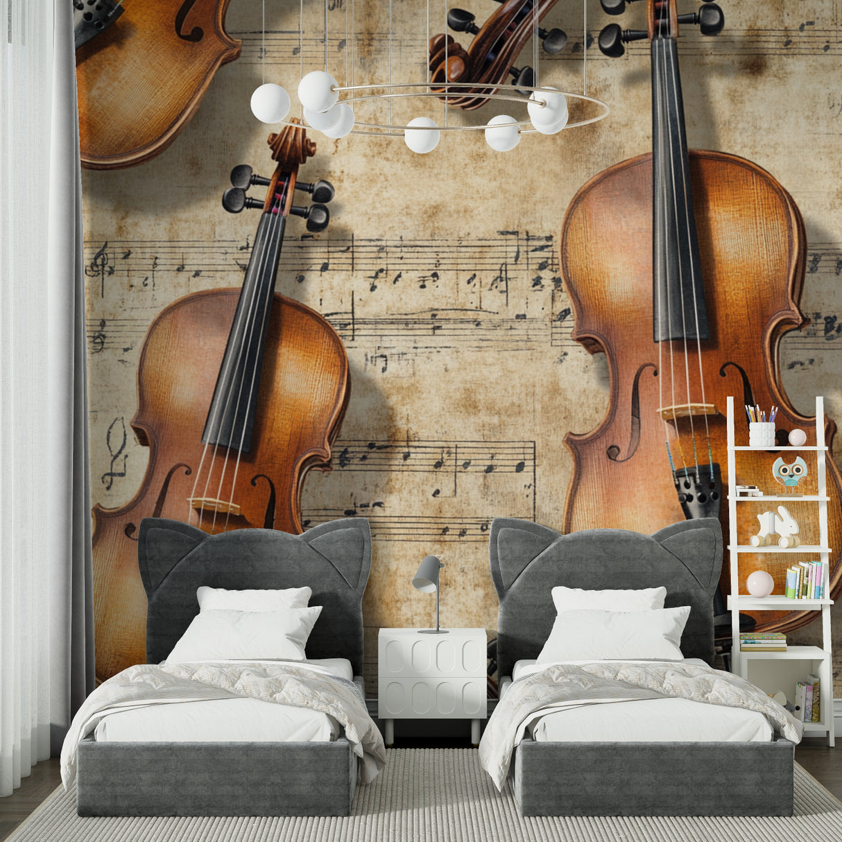 Music themed wall mural featuring violins in professional recording studio