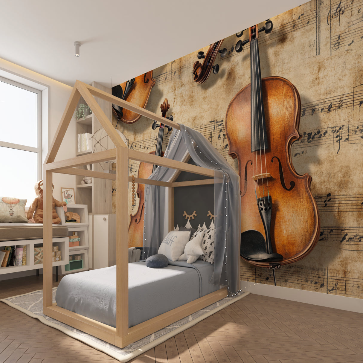 Sheet music wallpaper design bringing character to home office space