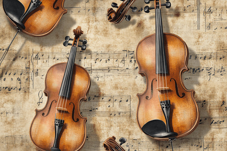Violin and sheet music design file showing intricate pattern details and warm honey tones