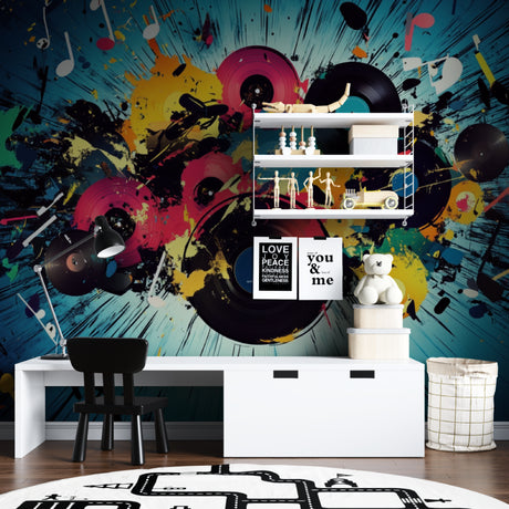 Music wall mural featuring vinyl records in a modern living room setting with vibrant turquoise and pink tones