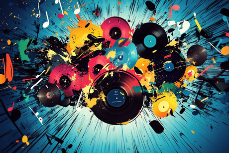 Design file of vinyl records explosion art wallpaper showing detailed pattern and color scheme