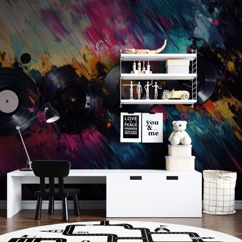 Music wall mural bringing life to a modern living room with vinyl records and vibrant color splashes